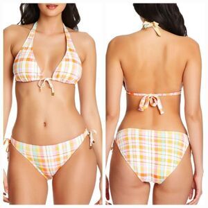 Bleu Rod Beattie Plaid Sliding Triangle Bikini Top Side tie Hipster bottom sz 12